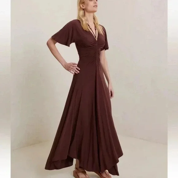 NWT A.L.C. Size XS Bitter Chocolate Brown Nina Beaded tie neck maxi - Picture 3 of 7